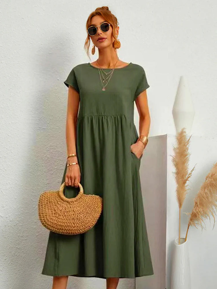 Elegant Maxi Dress Vintage Cotton Linen Sundress with Pocket