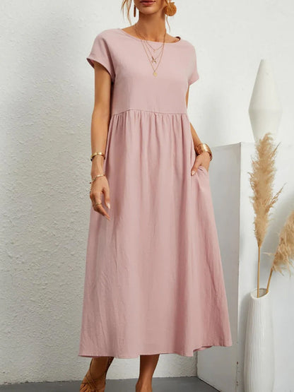 Elegant Maxi Dress Vintage Cotton Linen Sundress with Pocket