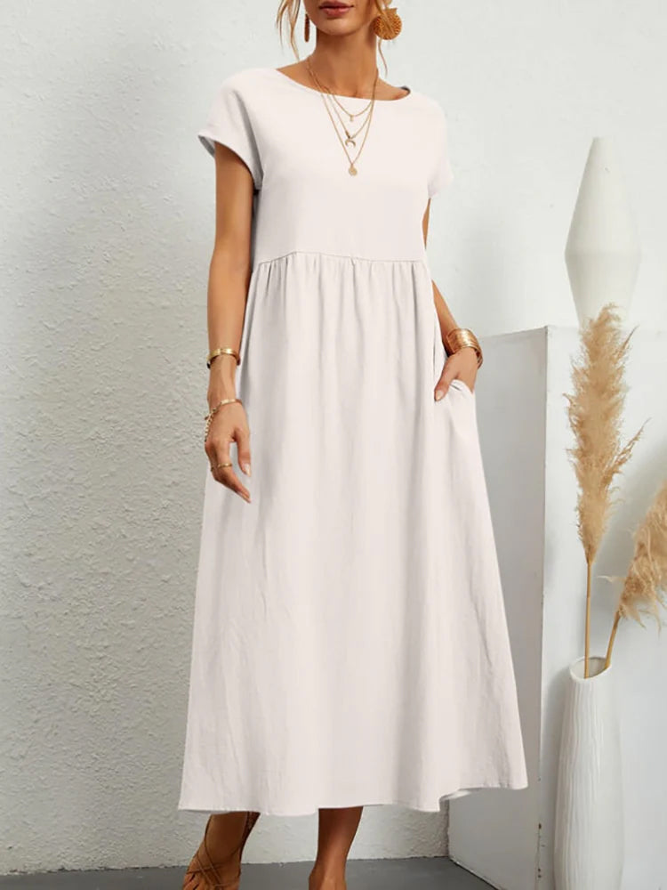 Elegant Maxi Dress Vintage Cotton Linen Sundress with Pocket