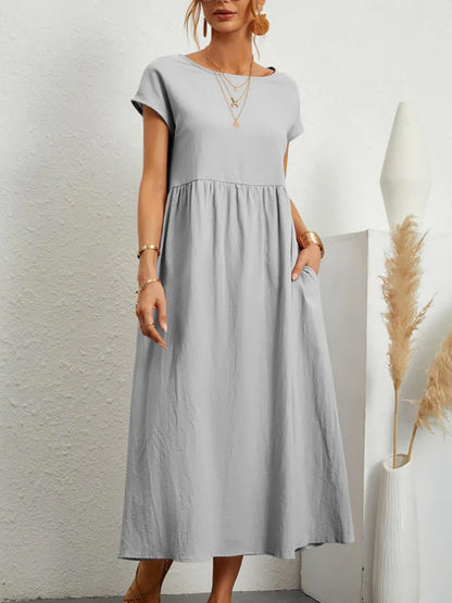 Elegant Maxi Dress Vintage Cotton Linen Sundress with Pocket