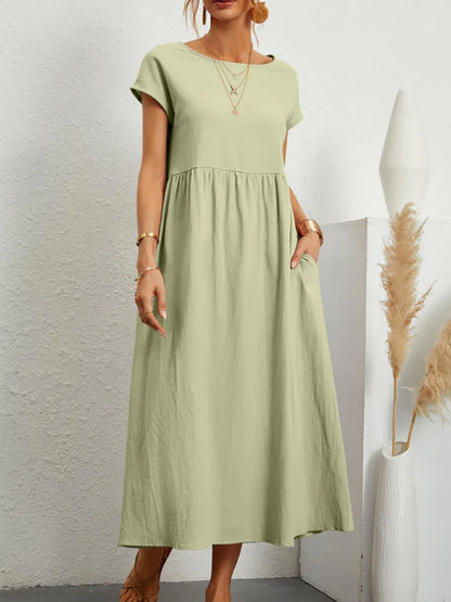 Elegant Maxi Dress Vintage Cotton Linen Sundress with Pocket